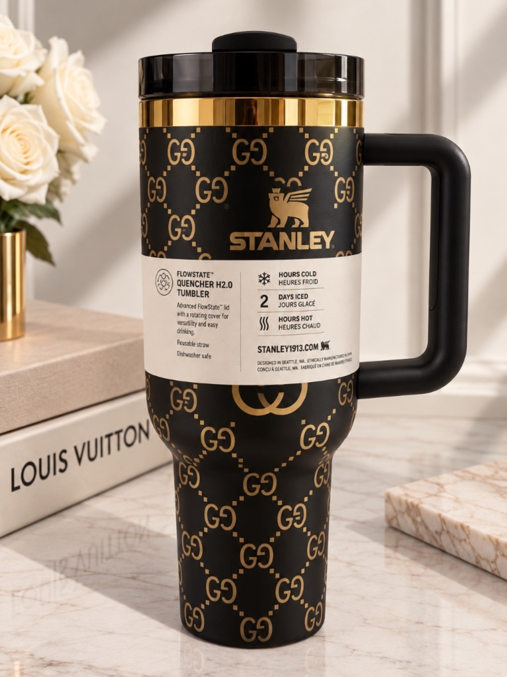 Stanley Black and Gold Patterned Travel Mug with Handle NEW
